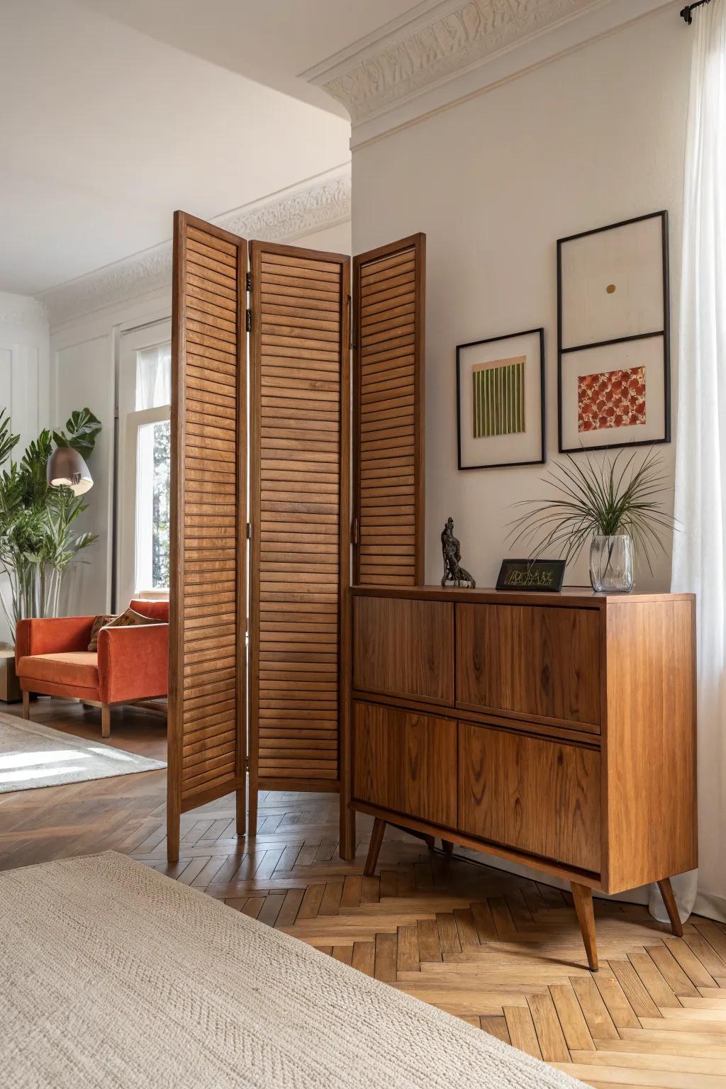Low credenza + airy open screen: a mid‑century divider that adds storage and zones in one.