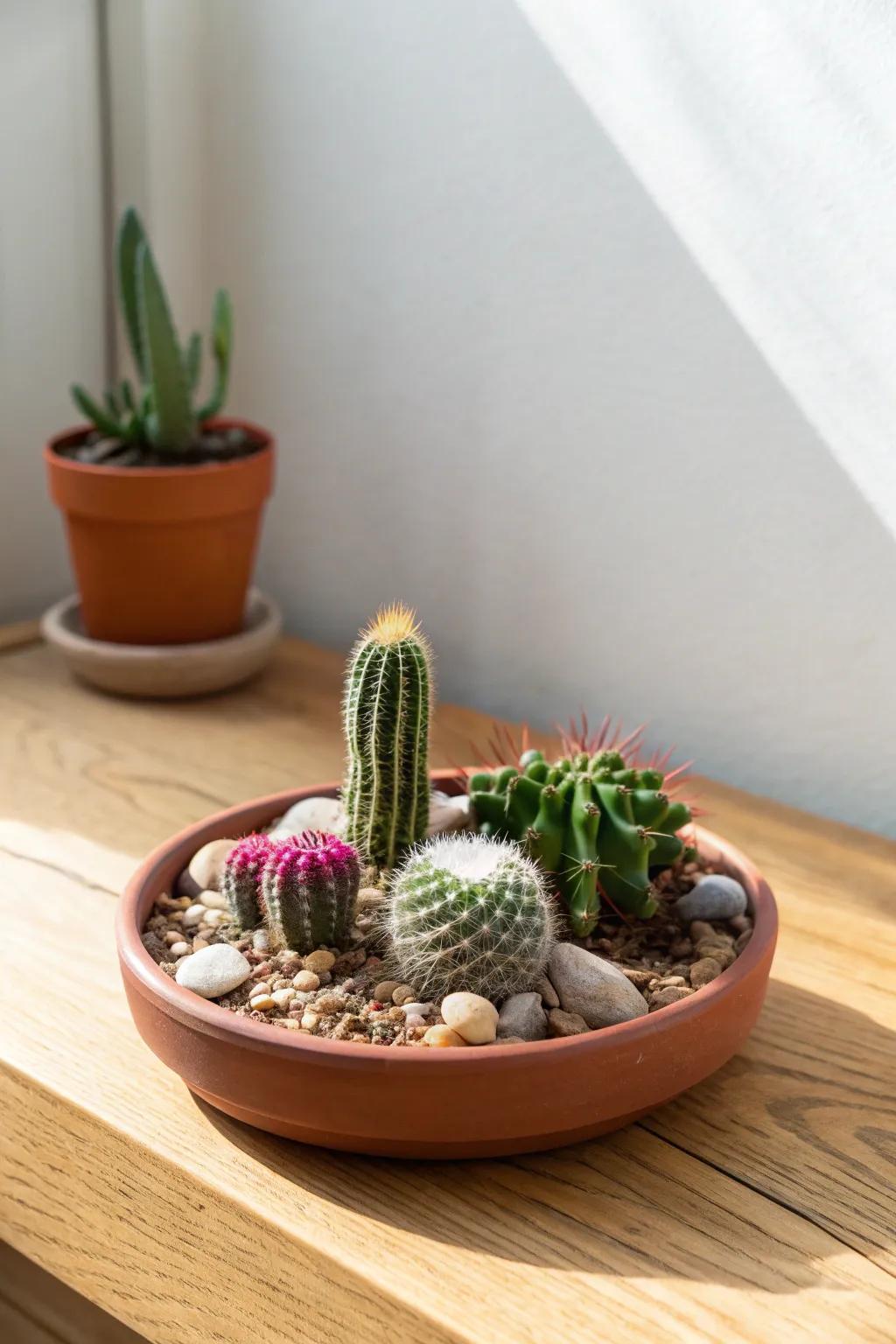 A shallow terra-cotta saucer cactus garden—minimal, fast-drying, and boldly beautiful.