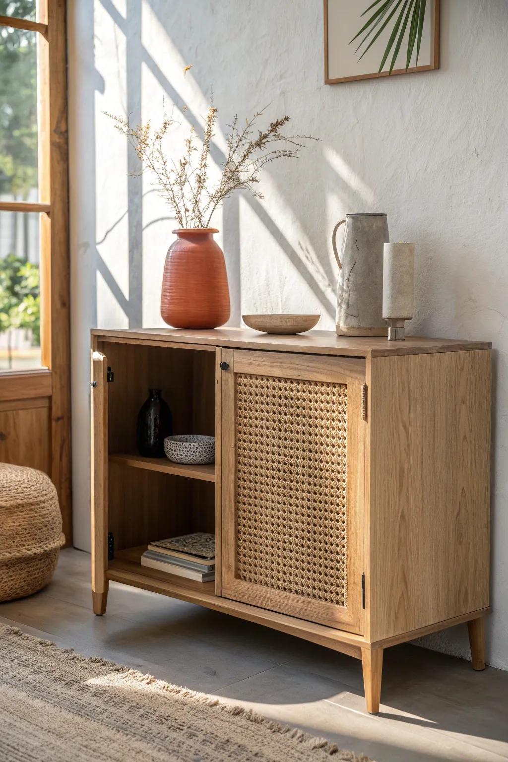 Hide your mini fridge in a chic cabinet console for a calm, clutter-free bedroom look.