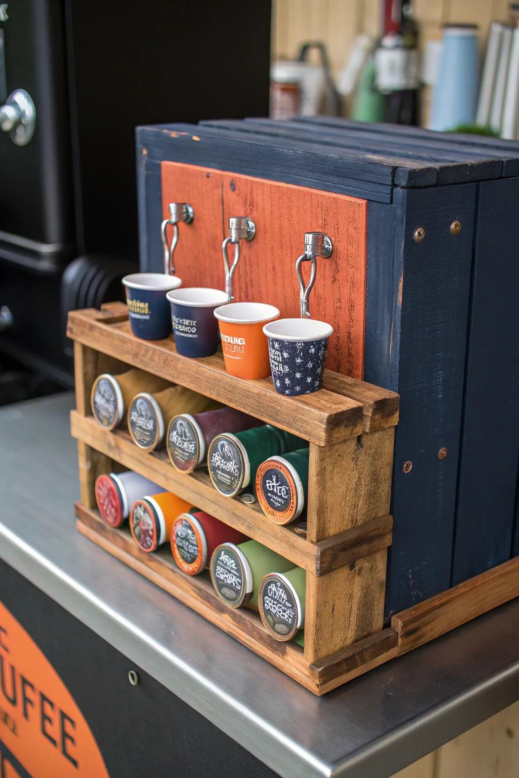 Elevate your mornings with this handcrafted mini coffee station, where rustic charm meets vibrant style.