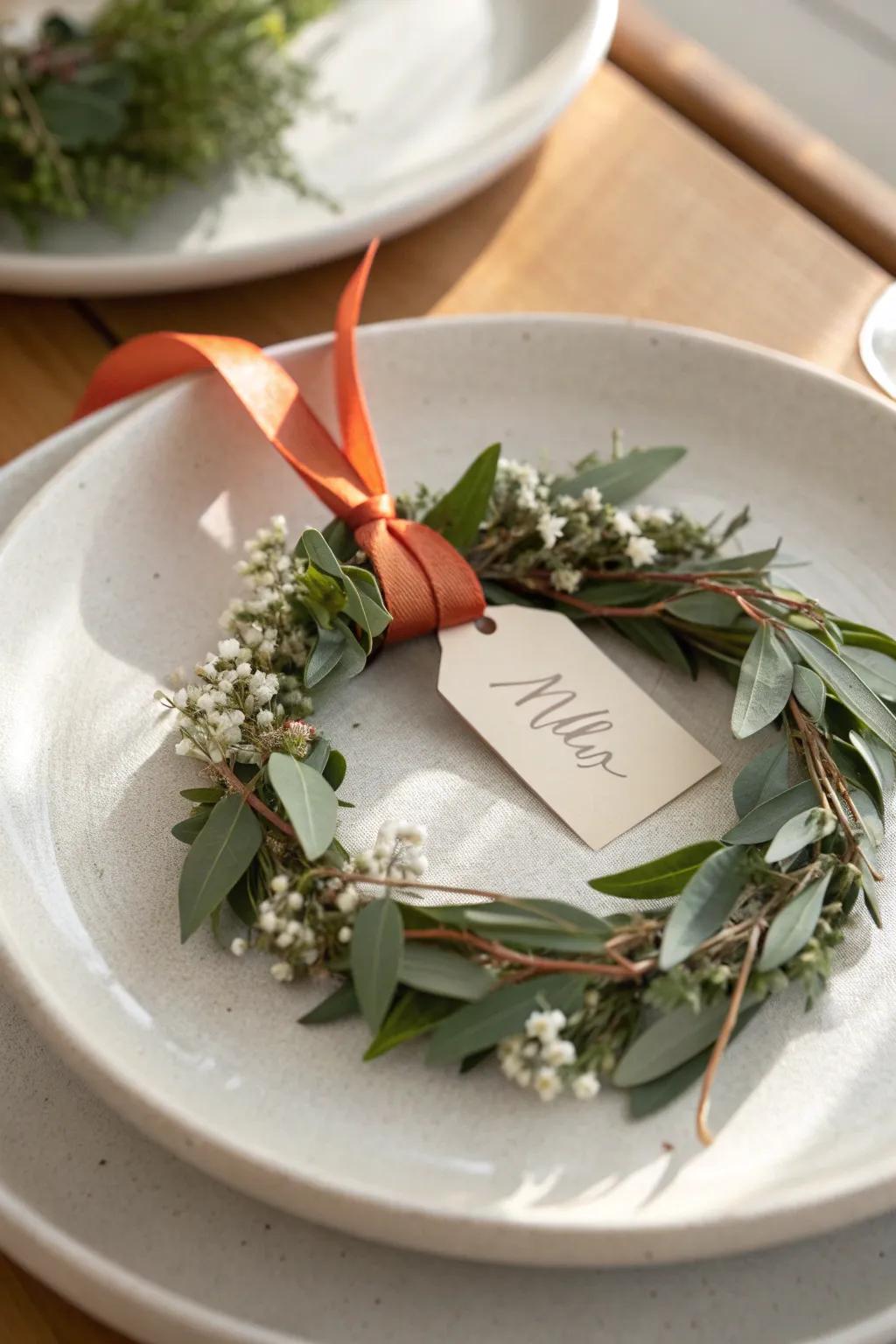 A tiny eucalyptus wreath with a name tag—perfect place card charm for small-space tables.