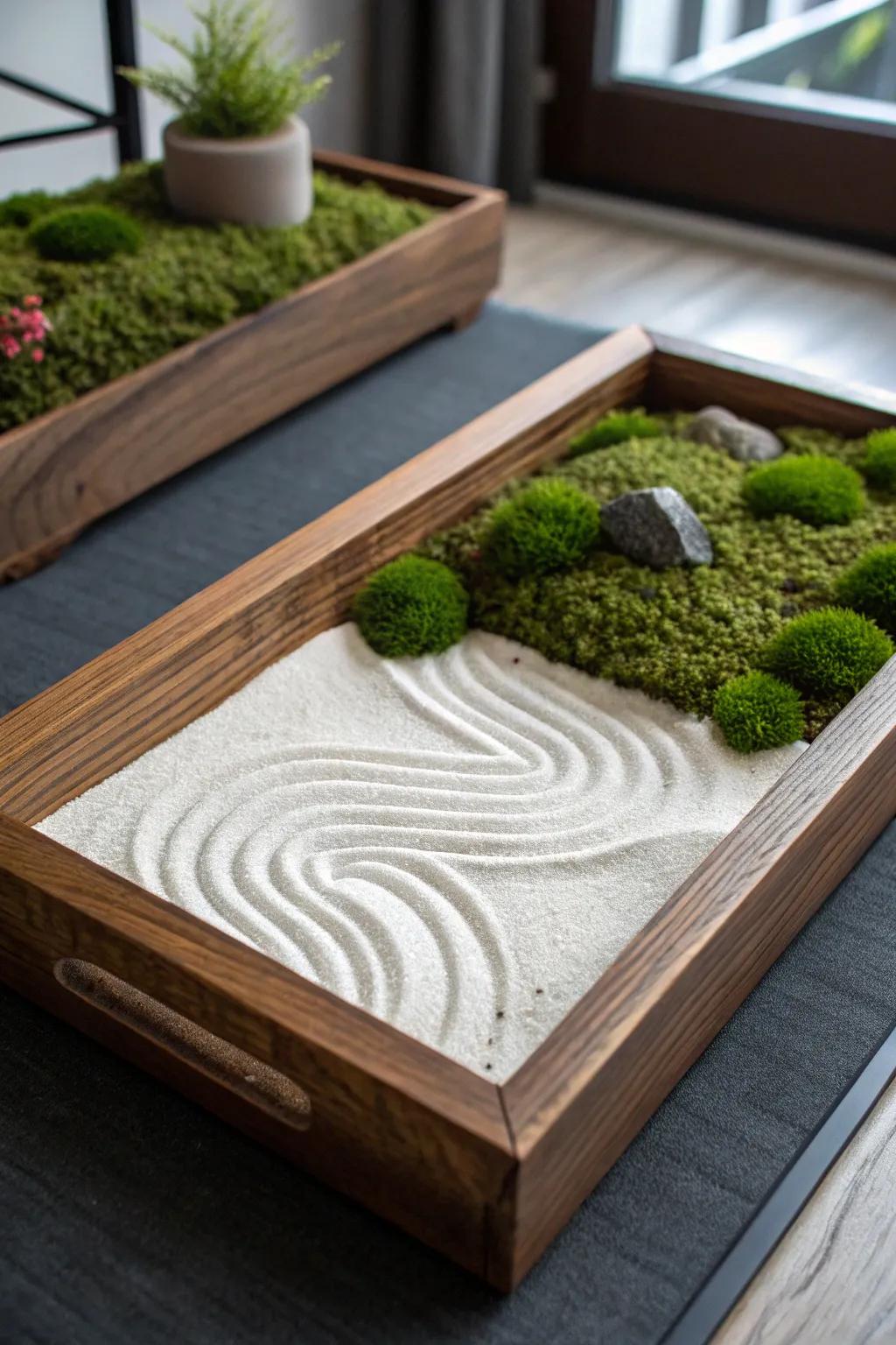 A mossy corner island turns neutral sand into a soothing mini zen garden for small spaces.