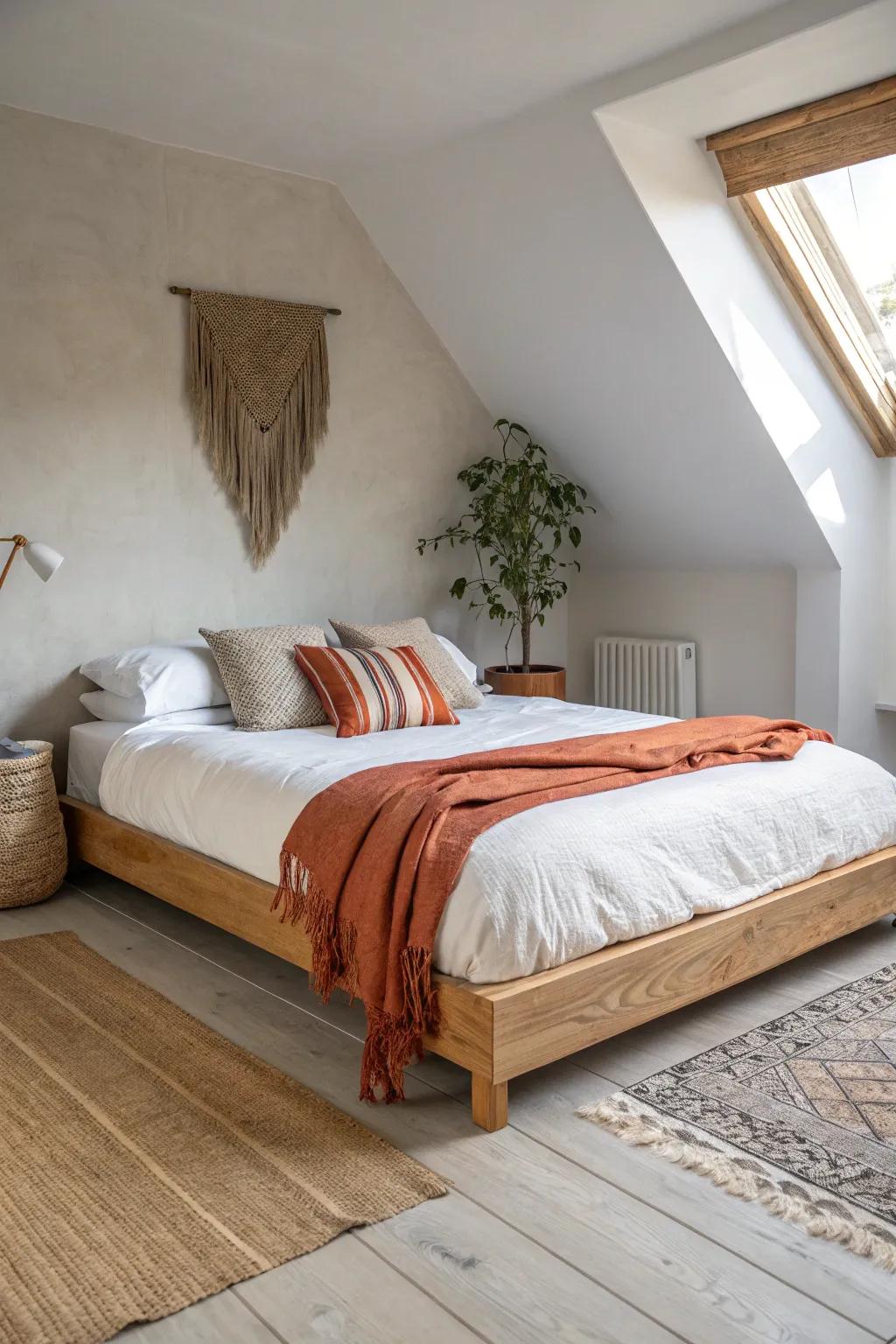 Tuck your bed into a corner to free up a clean walkway and keep the room airy.
