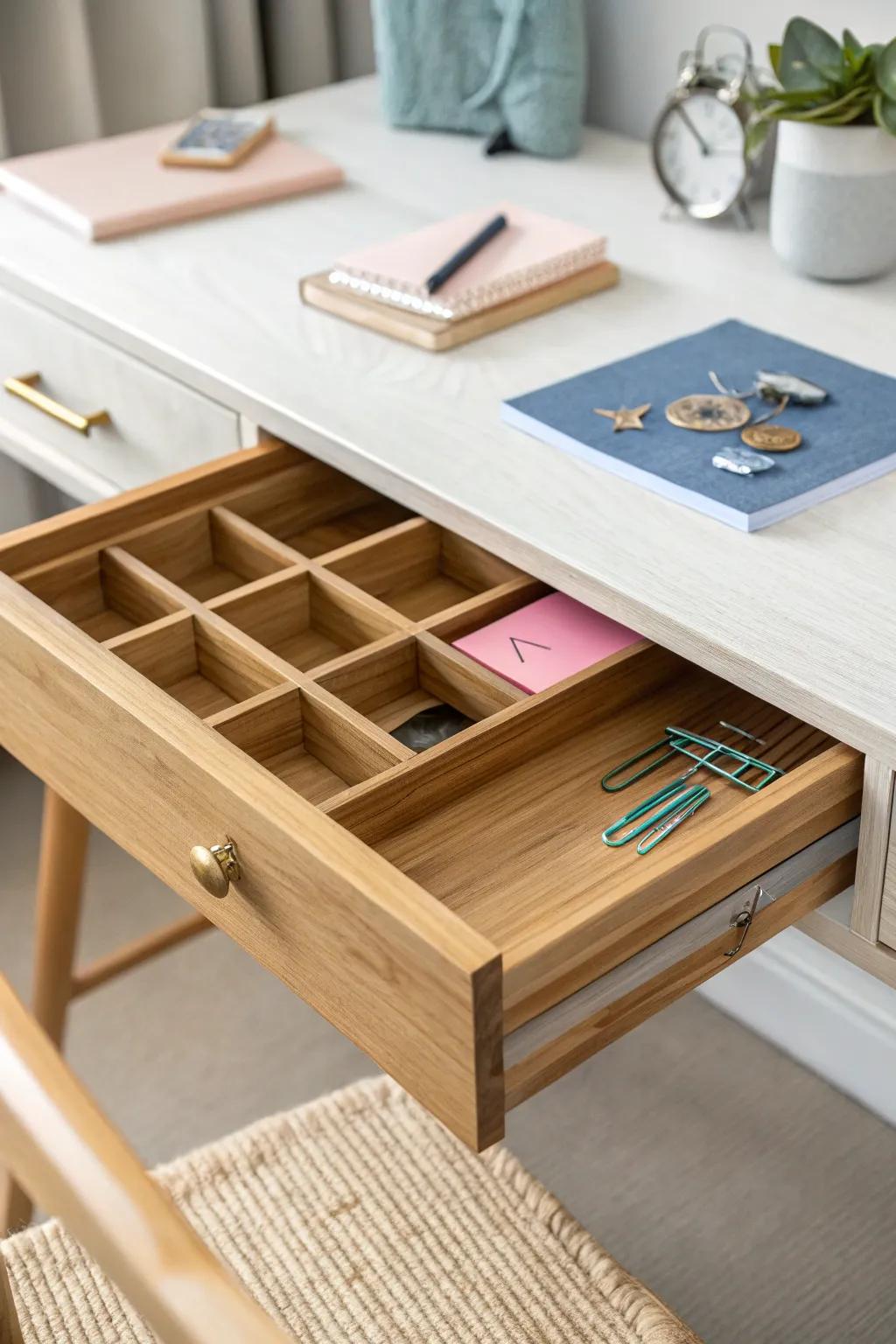 Drawer dividers turn tiny supplies into calm order—perfect for a clutter-free minimalist desk.