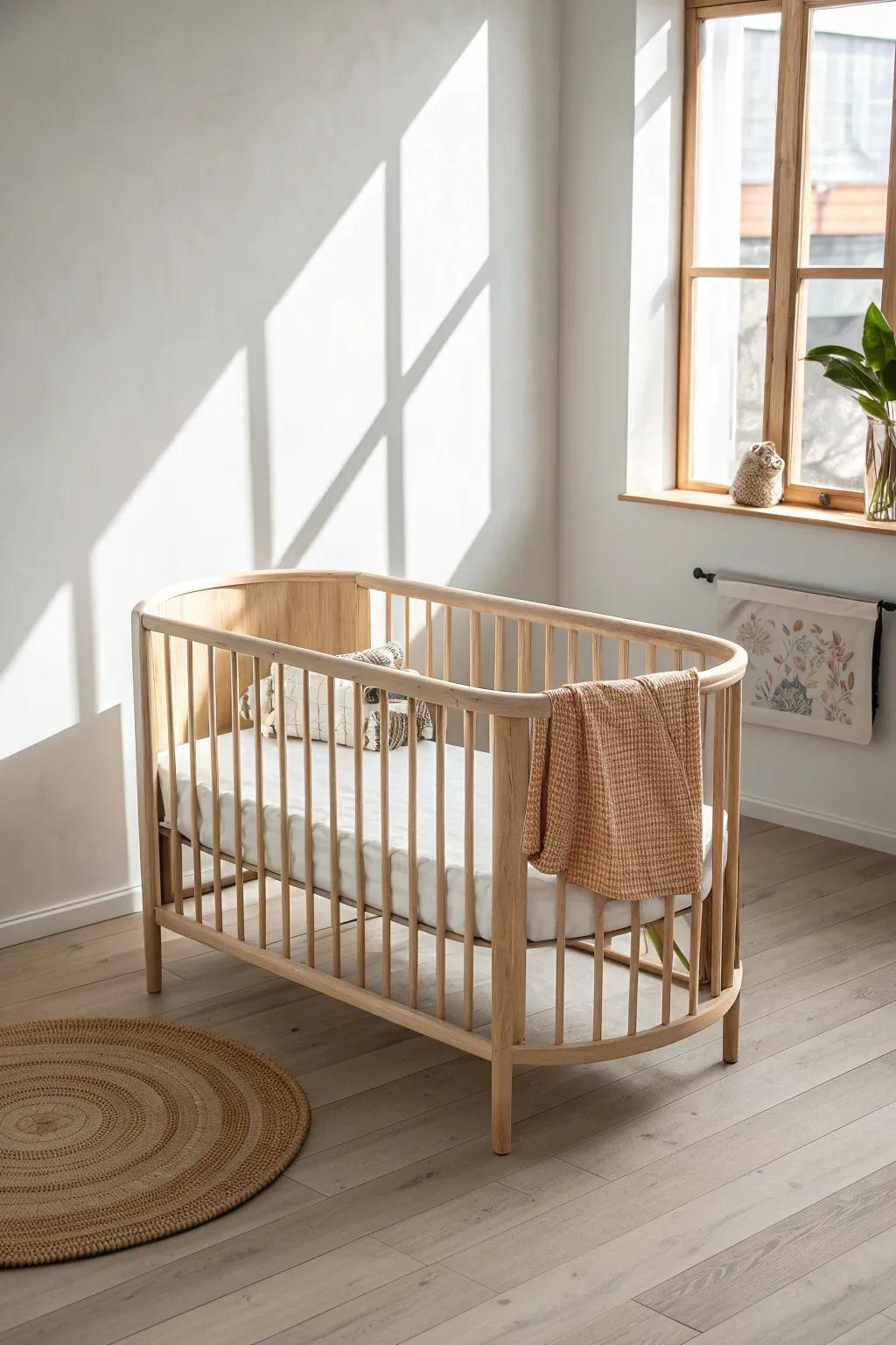 Leave the center open—one beautiful crib and calm floor space for easy newborn days.