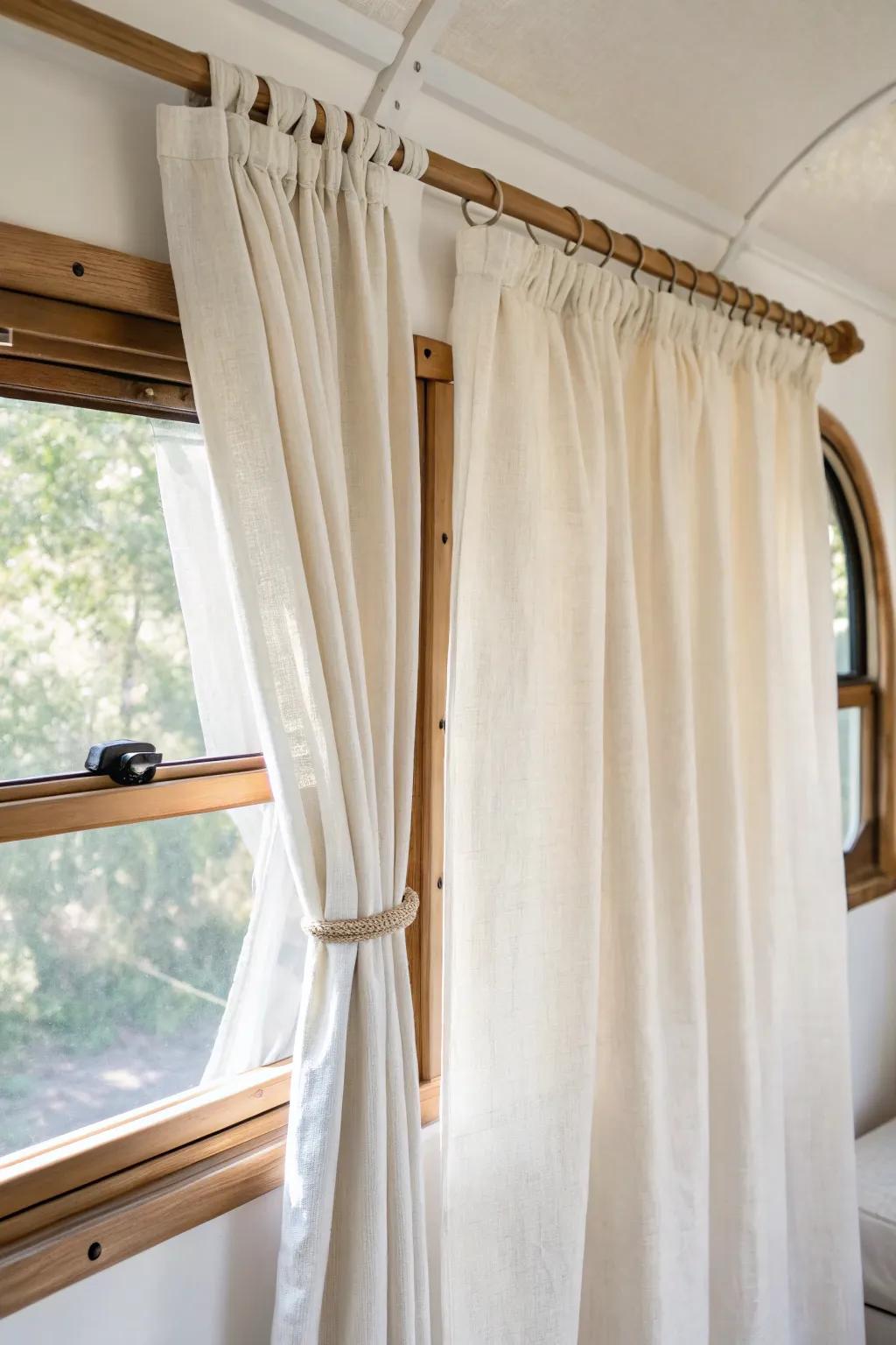 Hang curtains high and wide—instant taller walls and a bigger-window look in a mobile home.