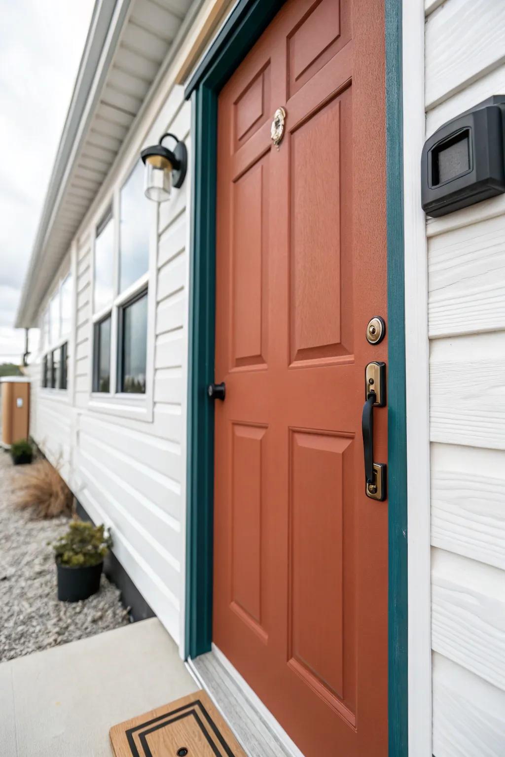 A bold color-pop front door with clean modern hardware instantly elevates a mobile home exterior.