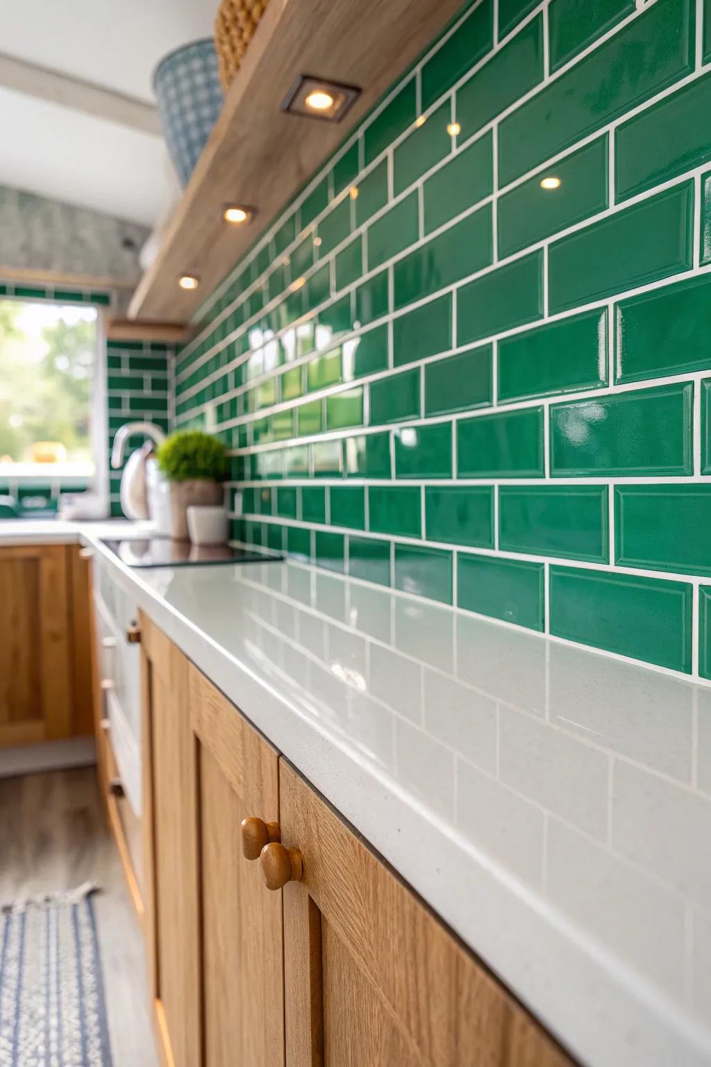 A crisp, wipe-clean tile backsplash instantly makes a small mobile home galley feel brand new.