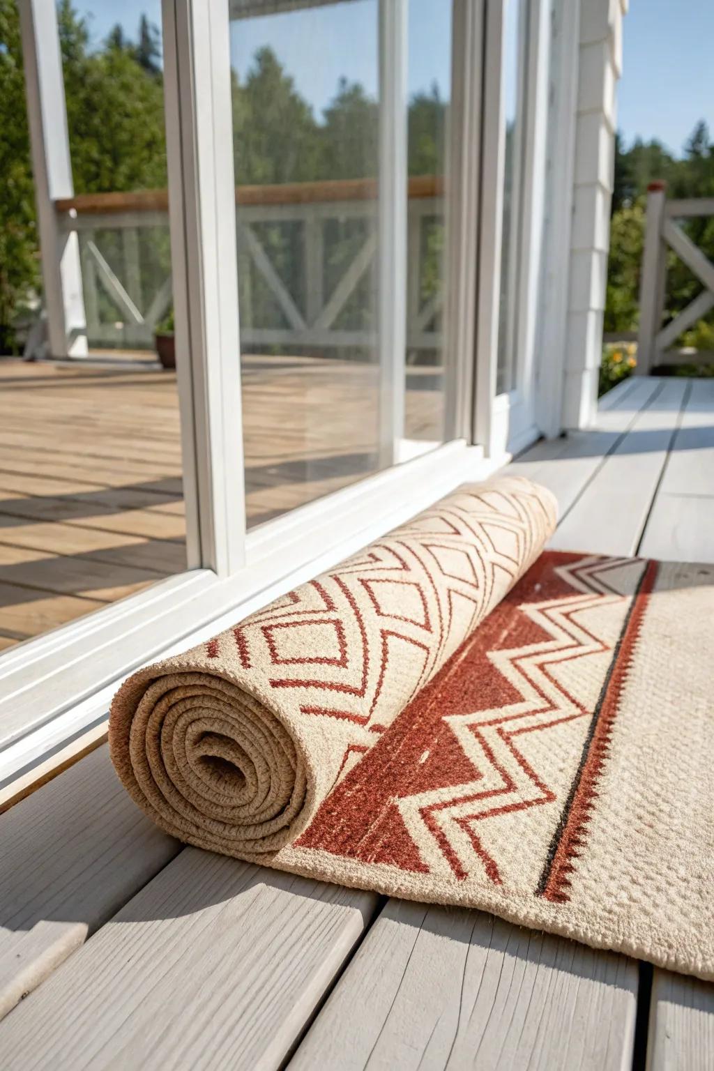 Define your deck-to-sunroom conversion instantly with a bold, handwoven outdoor rug.