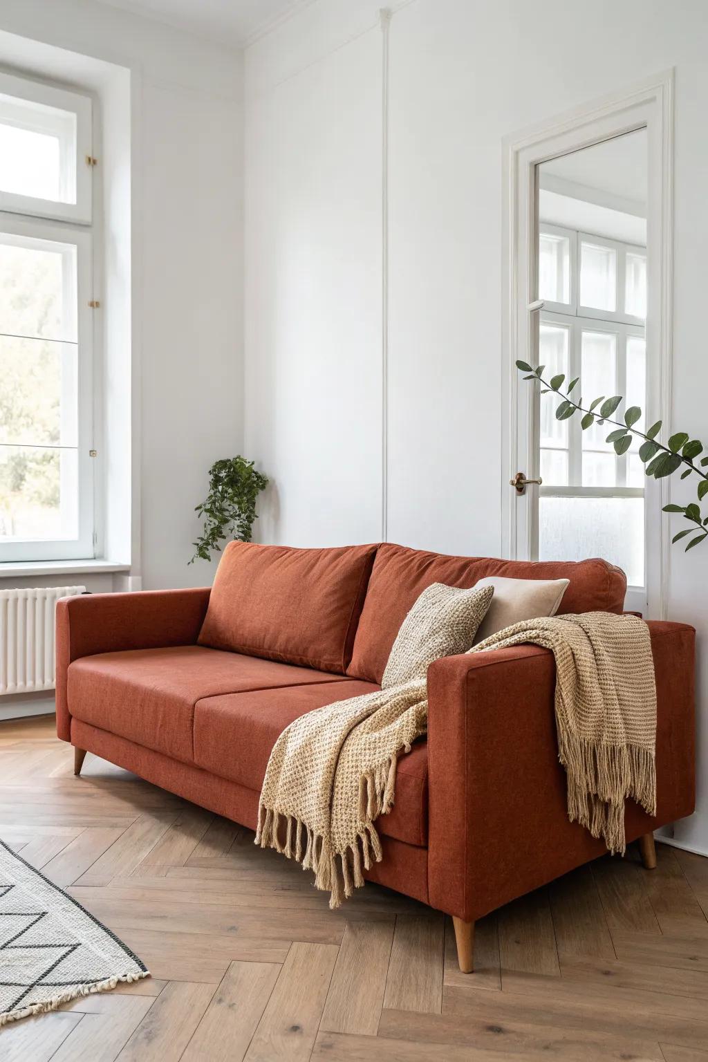 Float your sofa 6–12 inches off the wall to define a living zone in a modern small apartment.
