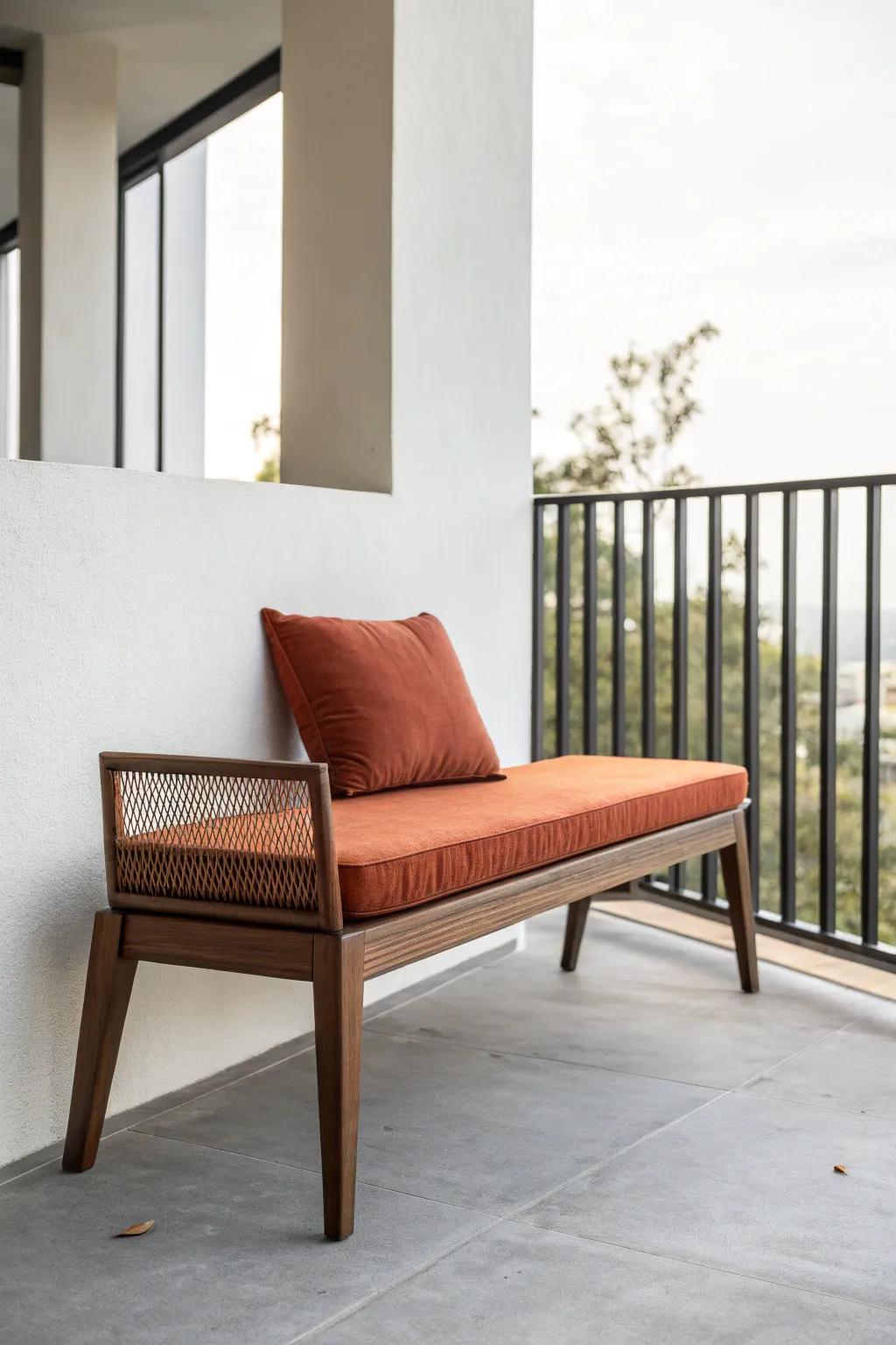 Low-profile seating keeps your modern balcony airy—sleek lines, bold cushion, more space.