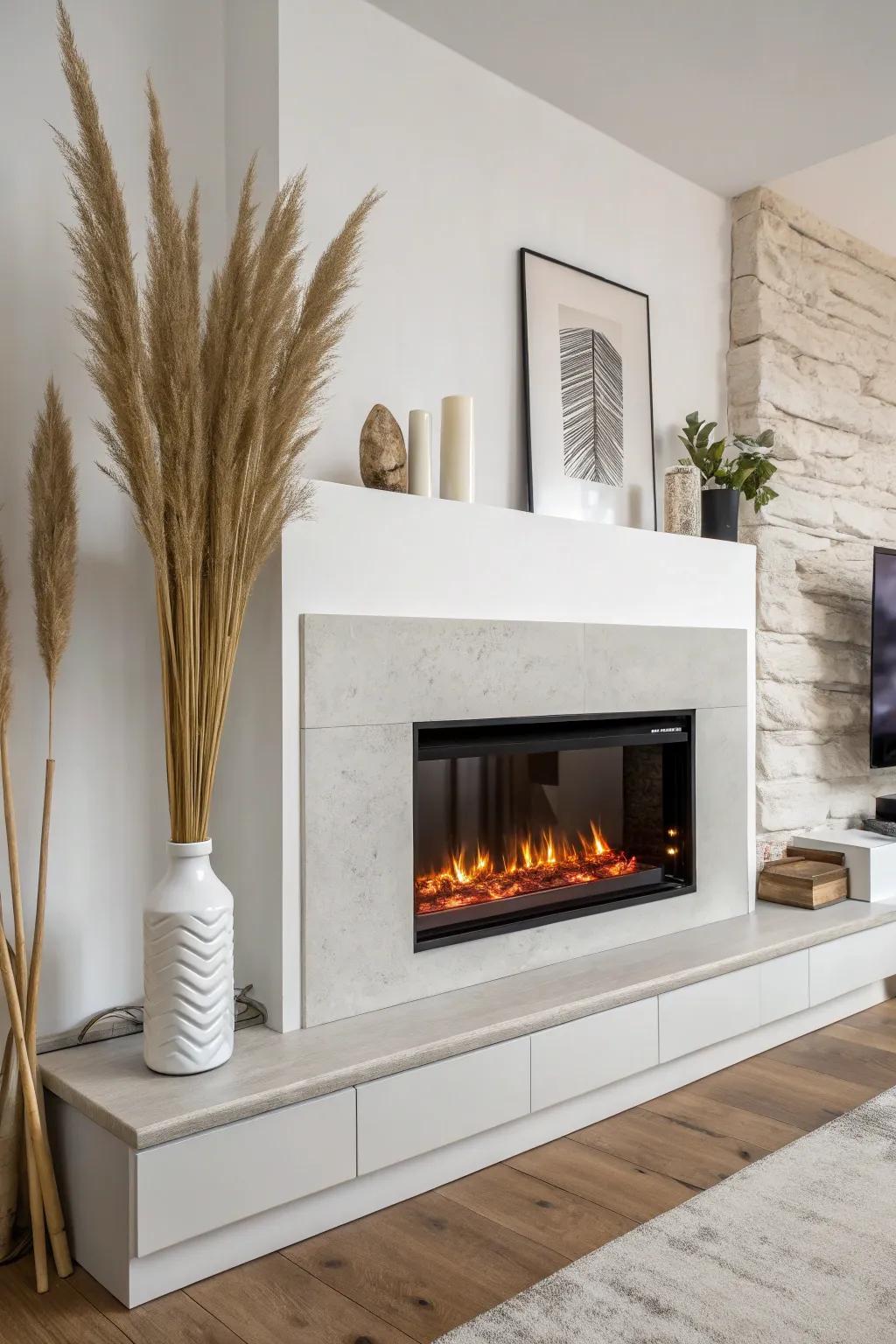 Minimal white-on-white surround—bright, space-expanding, with bold flames that steal focus.