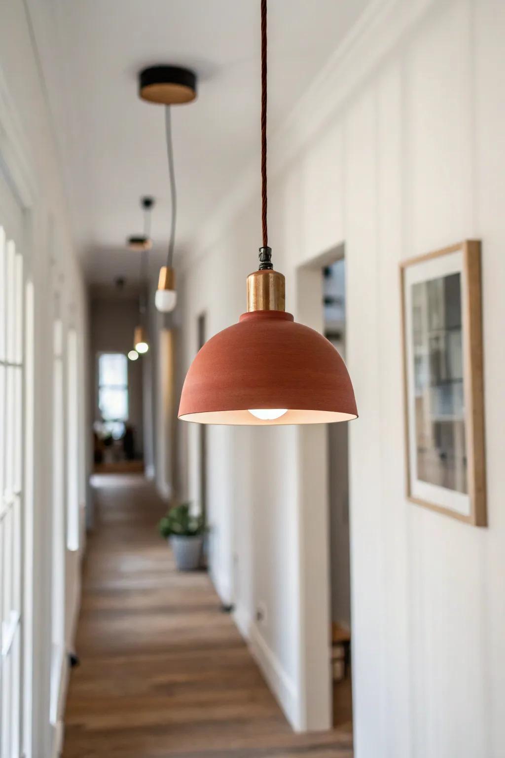 A petite mini pendant adds modern warmth and style to a taller hallway ceiling.