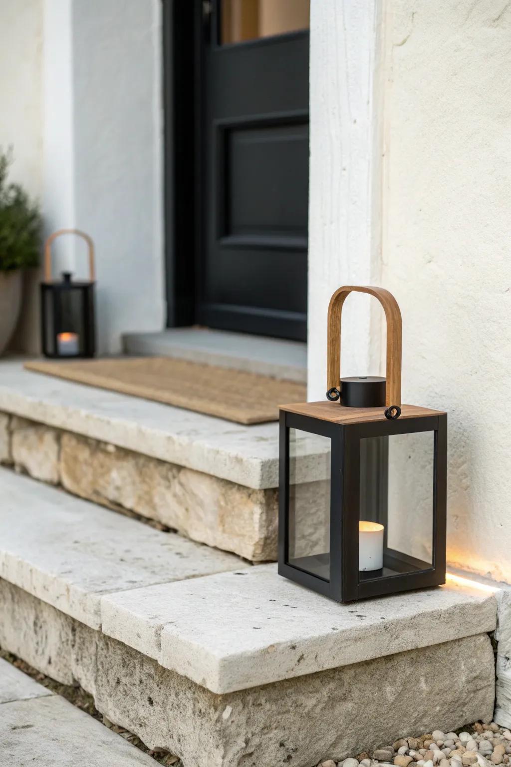 Tight 3-tone porch palette: light stone, matte black, and warm wood for instant calm.