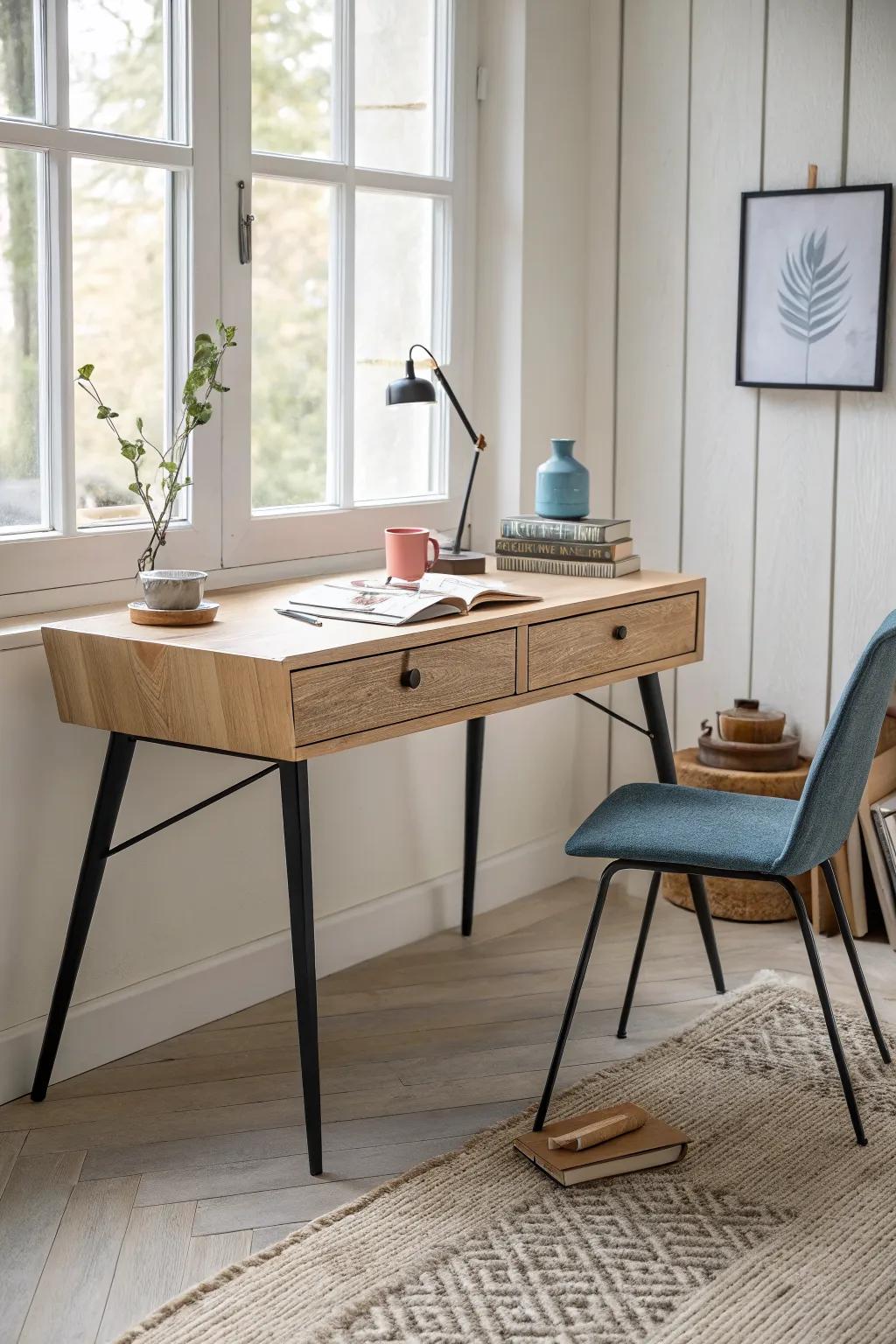 Claim a sunny corner: a slim oak desk and one tall shelf make a modern mini home office.