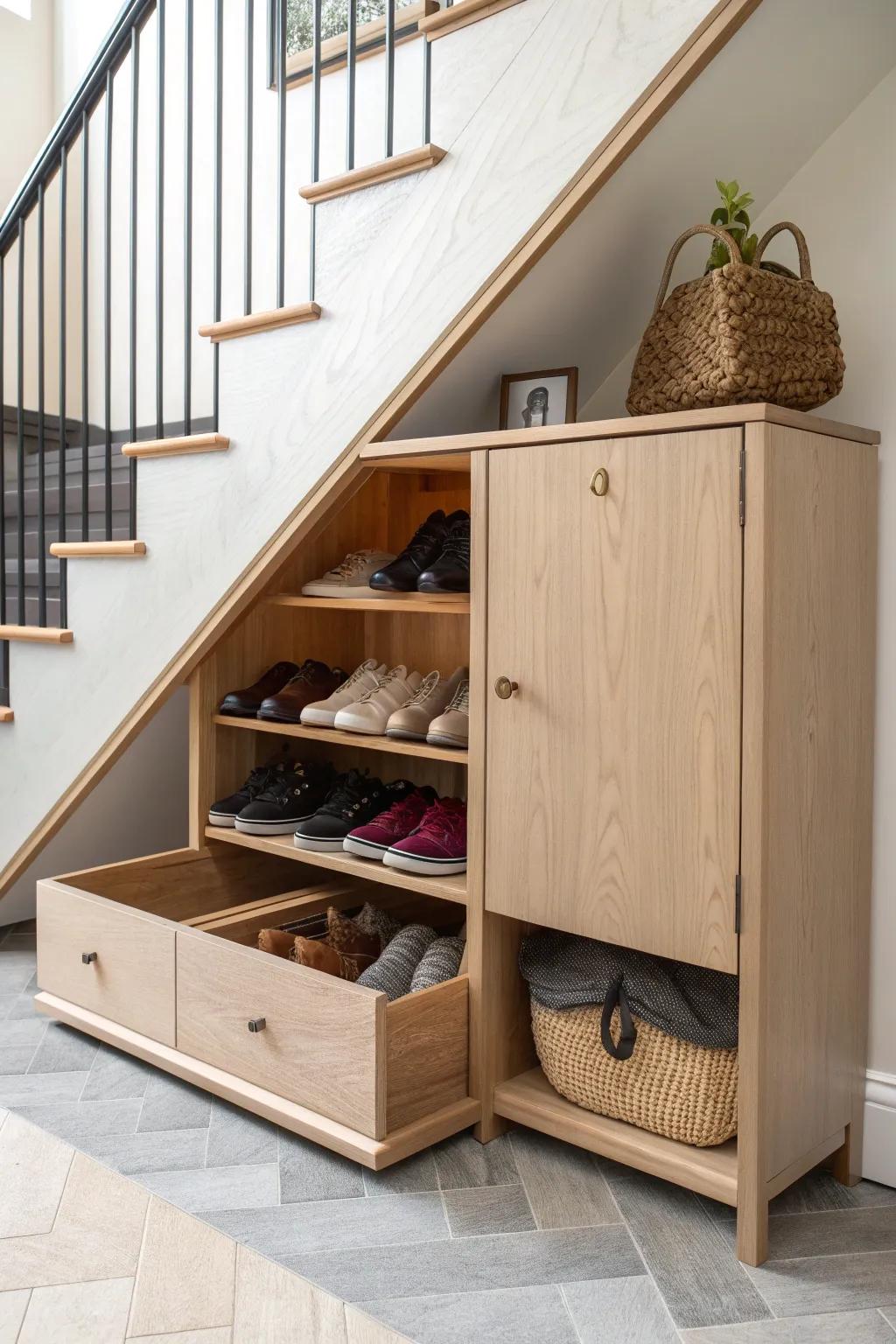 A slim under-stairs shoe drop zone: open cubbies for daily pairs, closed doors to hide the rest.