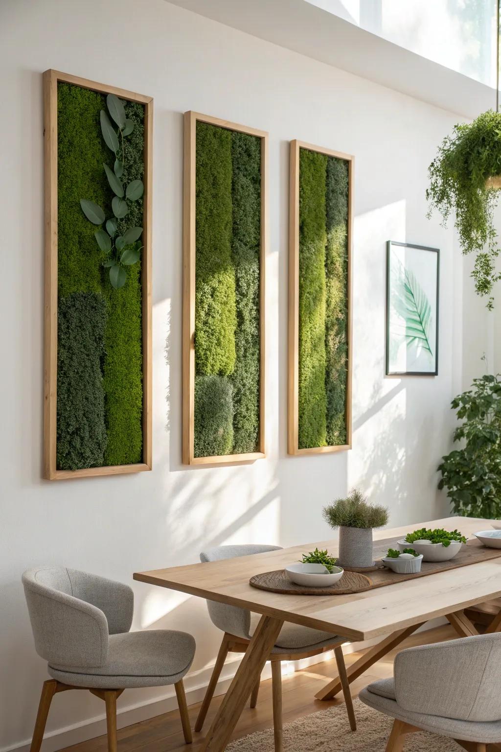 A sleek triptych moss set zones a small dining nook—bold greens, airy Scandinavian calm.