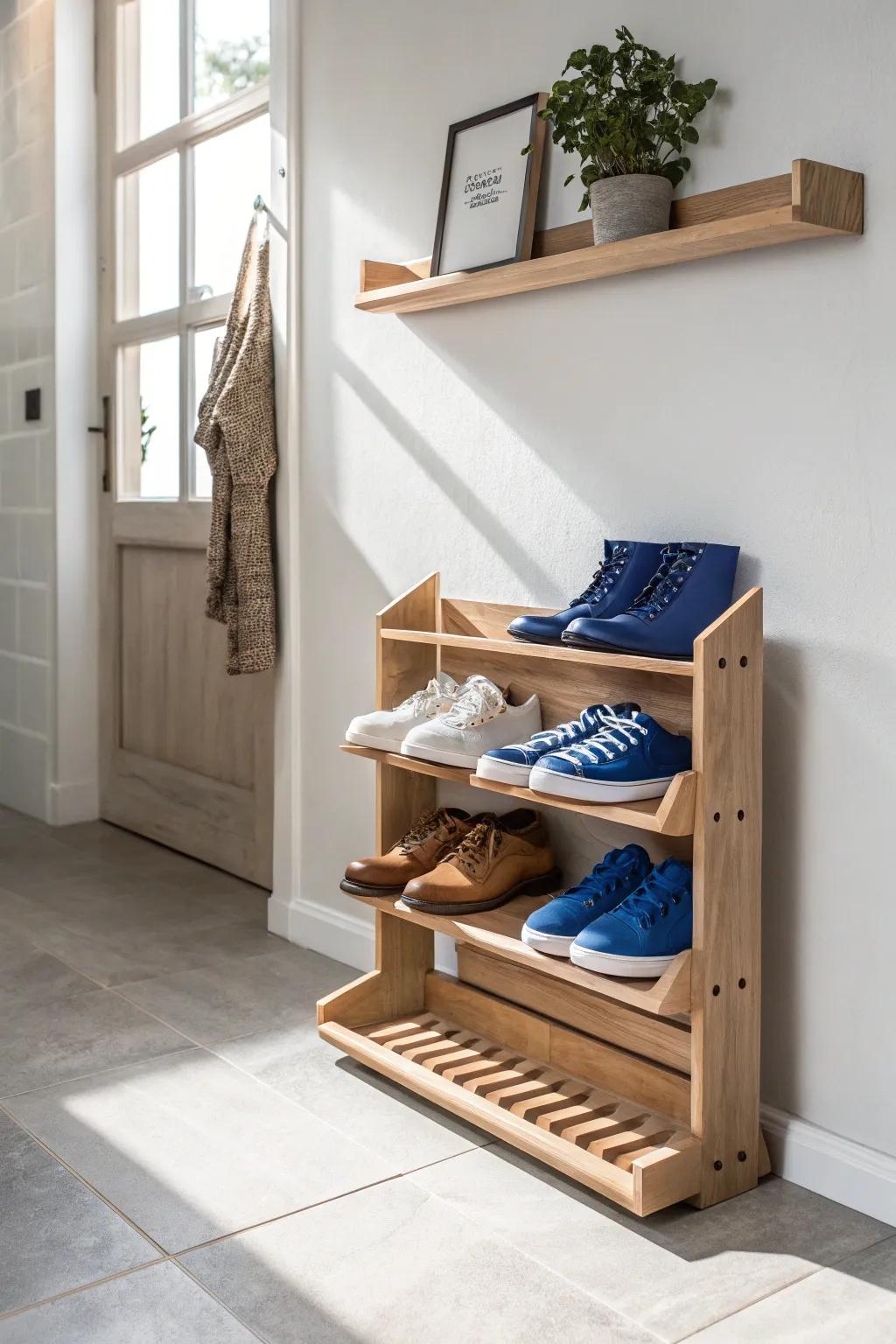 Slim wall-mounted shoe rack keeps small hallways open, tidy, and beautifully styled.