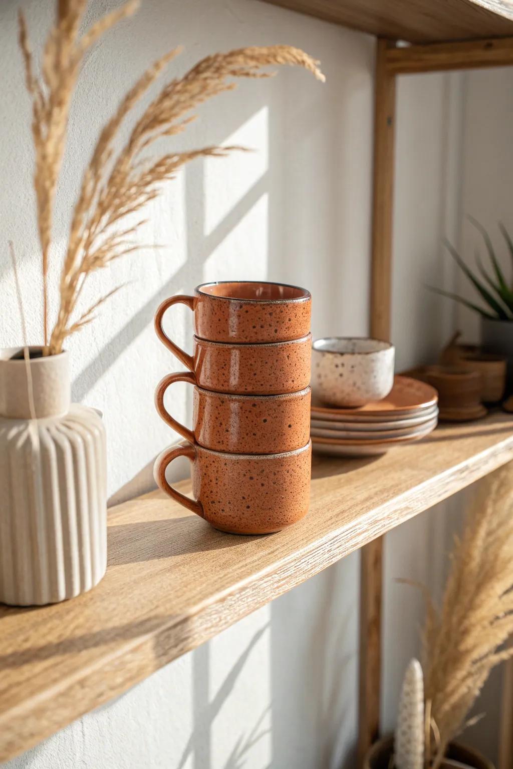 Open-shelf mug stack-up: tidy rows, bold terracotta glaze, and airy small-kitchen style.