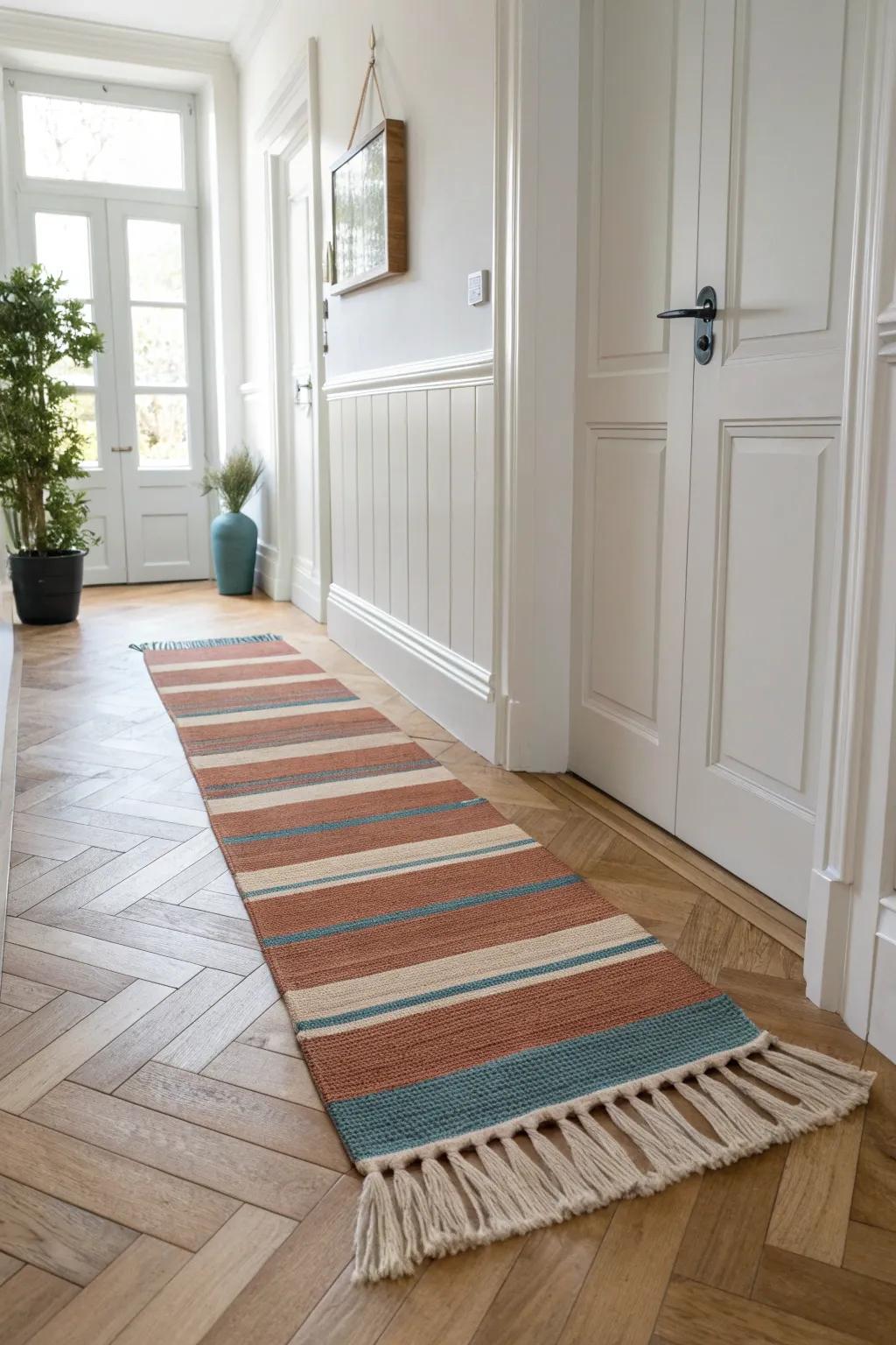 A washable runner rug defines a narrow entryway—bold color, zero clutter, easy cleanup.
