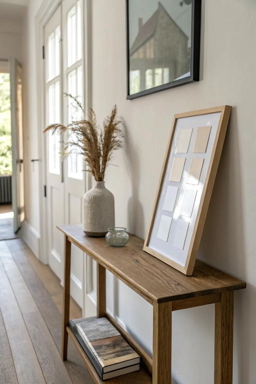 Matte walls, satin trim—this soft off-white sheen contrast adds depth to a narrow hallway.