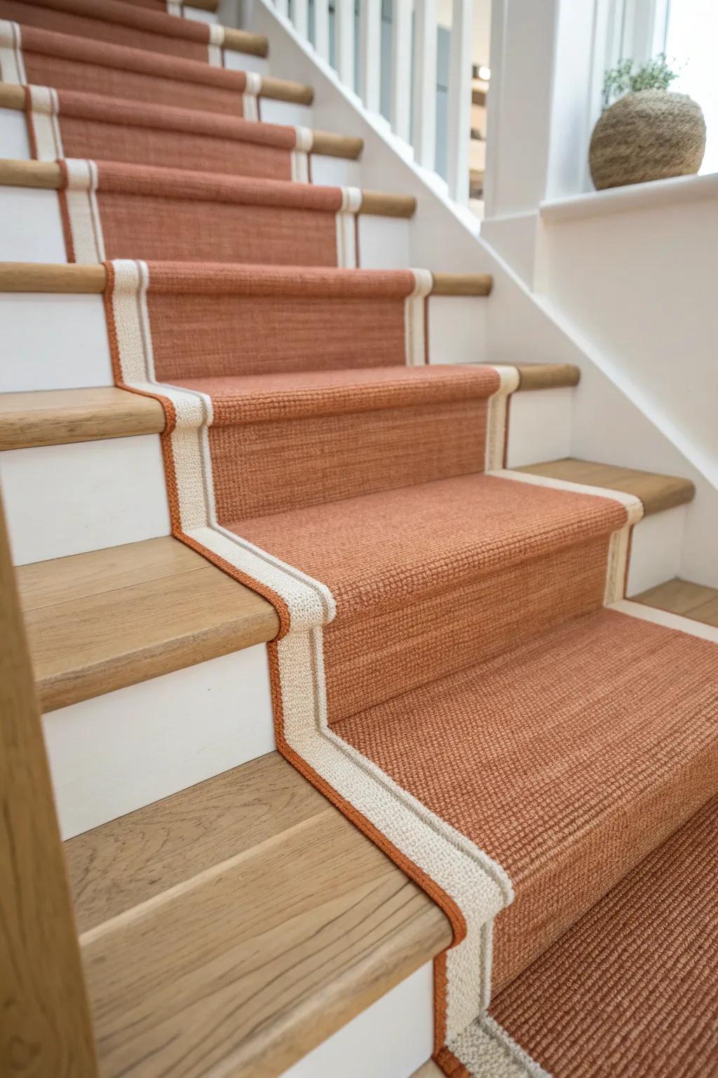 A thin-edged runner keeps narrow stairs airy—clean lines, bold color, zero pinch.