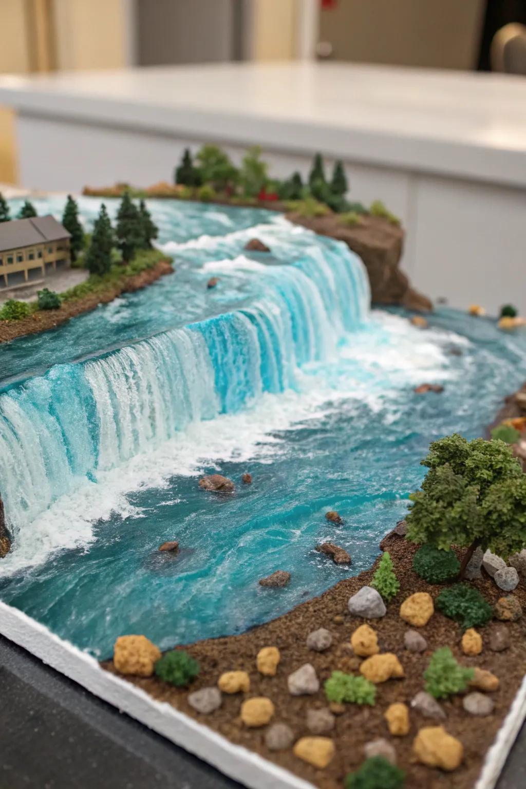 Dive into the mesmerizing beauty of a handcrafted Niagara Falls diorama, where blue-tinted resin brings the river to life.