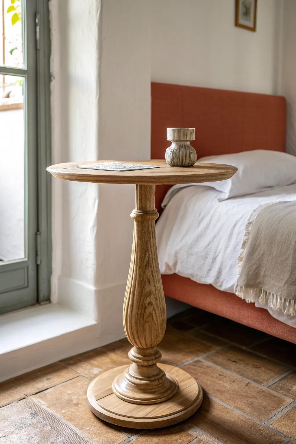 A slim pedestal table slips into tight gaps and keeps your bedside setup light and airy.