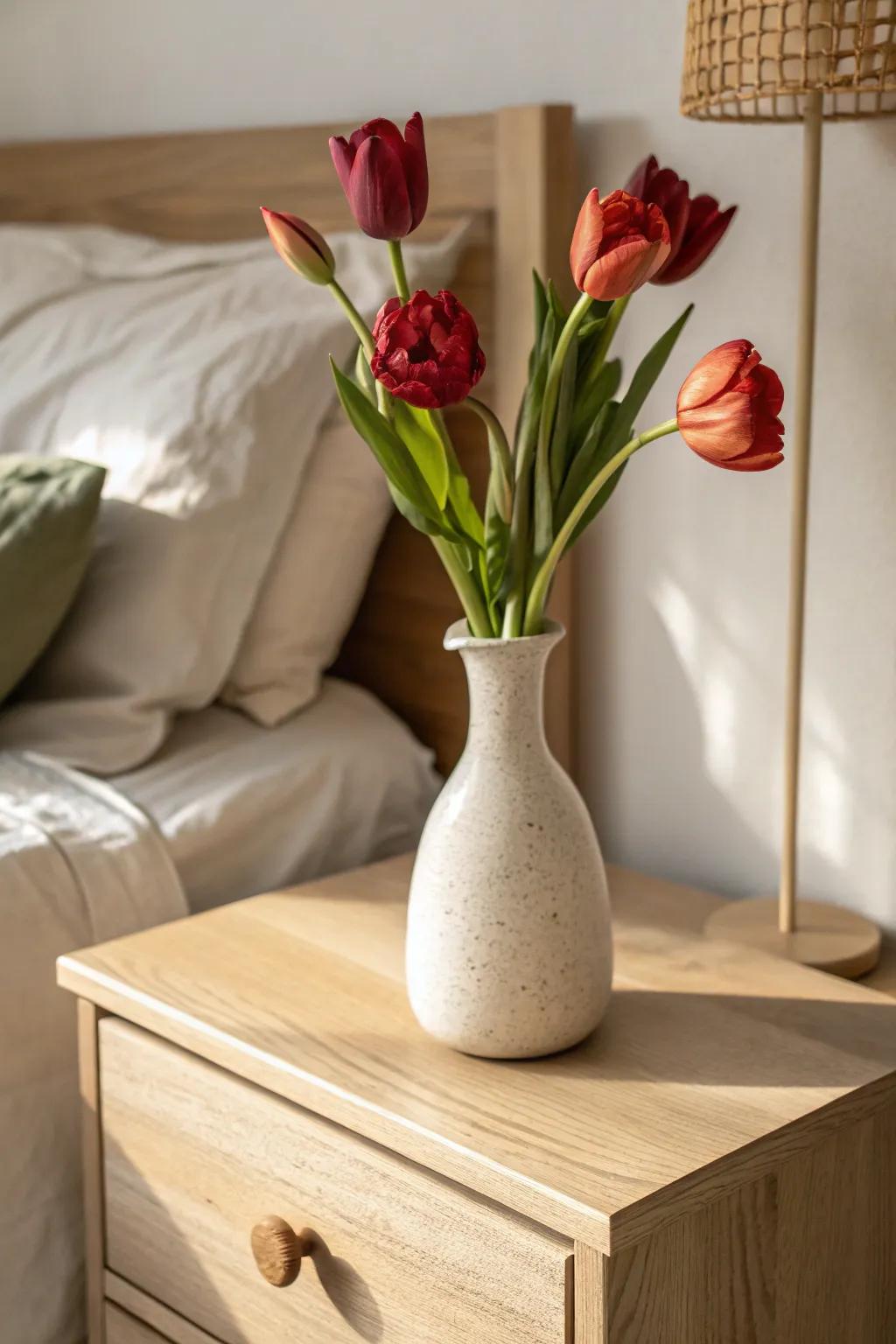 Slim handcrafted vase + bold blooms: the easiest way to refresh a small nightstand overnight.