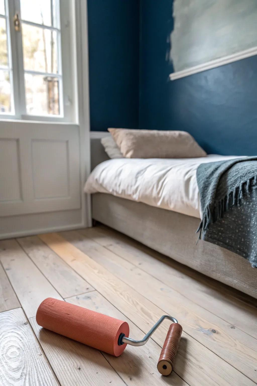 A deep matte accent wall makes the bed feel built-in—no headboard needed.