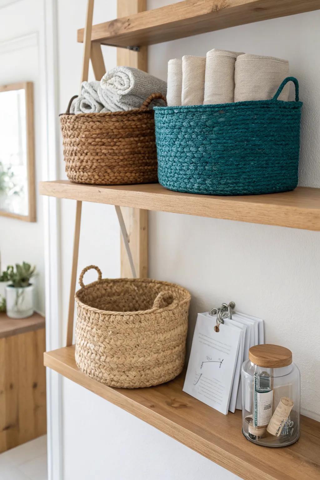Floating shelf + woven baskets hide baby and office essentials—clear desk, calm nursery vibe.
