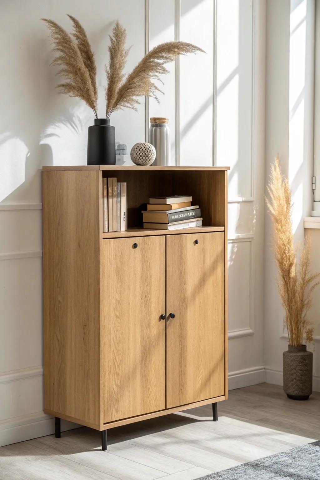 Closed storage below, open shelves above—pretty display up top, clutter hidden down low.