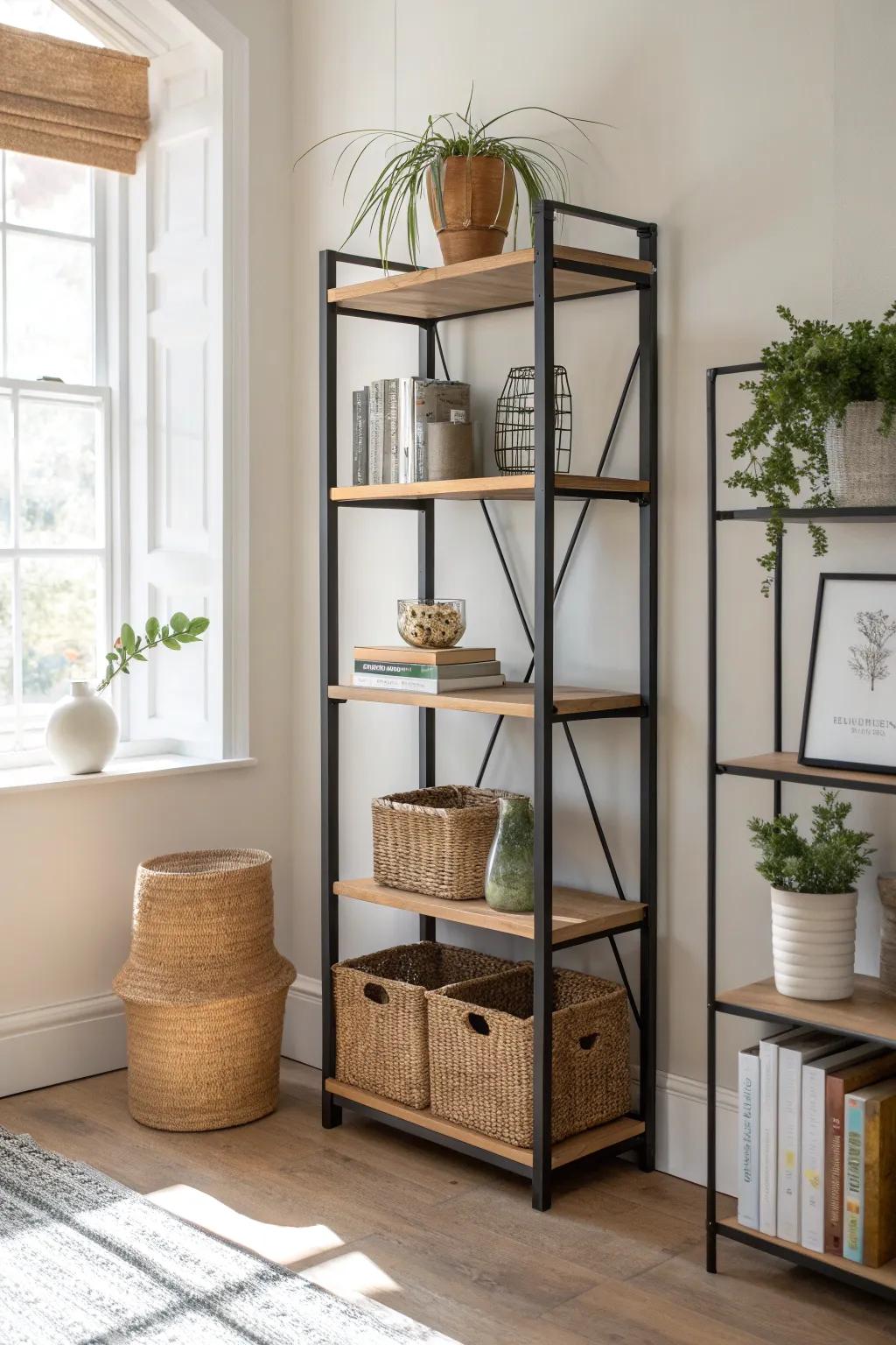 Open shelving divider: airy separation with woven baskets below and curated decor up top.