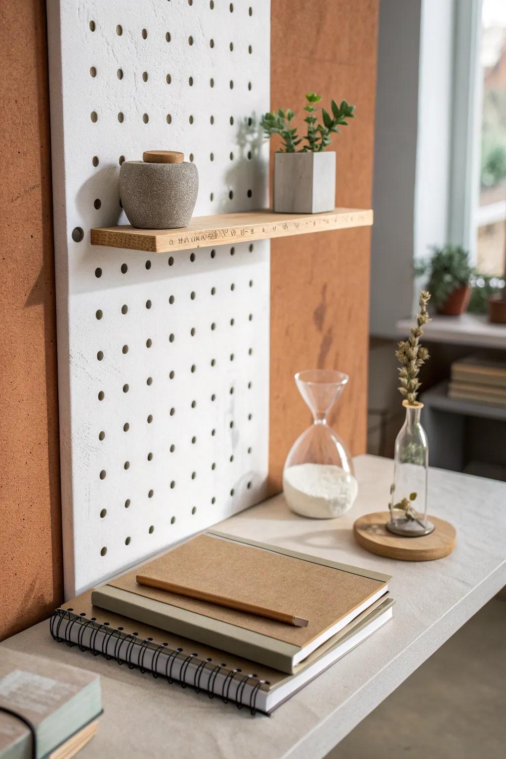 A tiny pegboard shelf that keeps notebooks practical and decor pretty—without desk clutter.