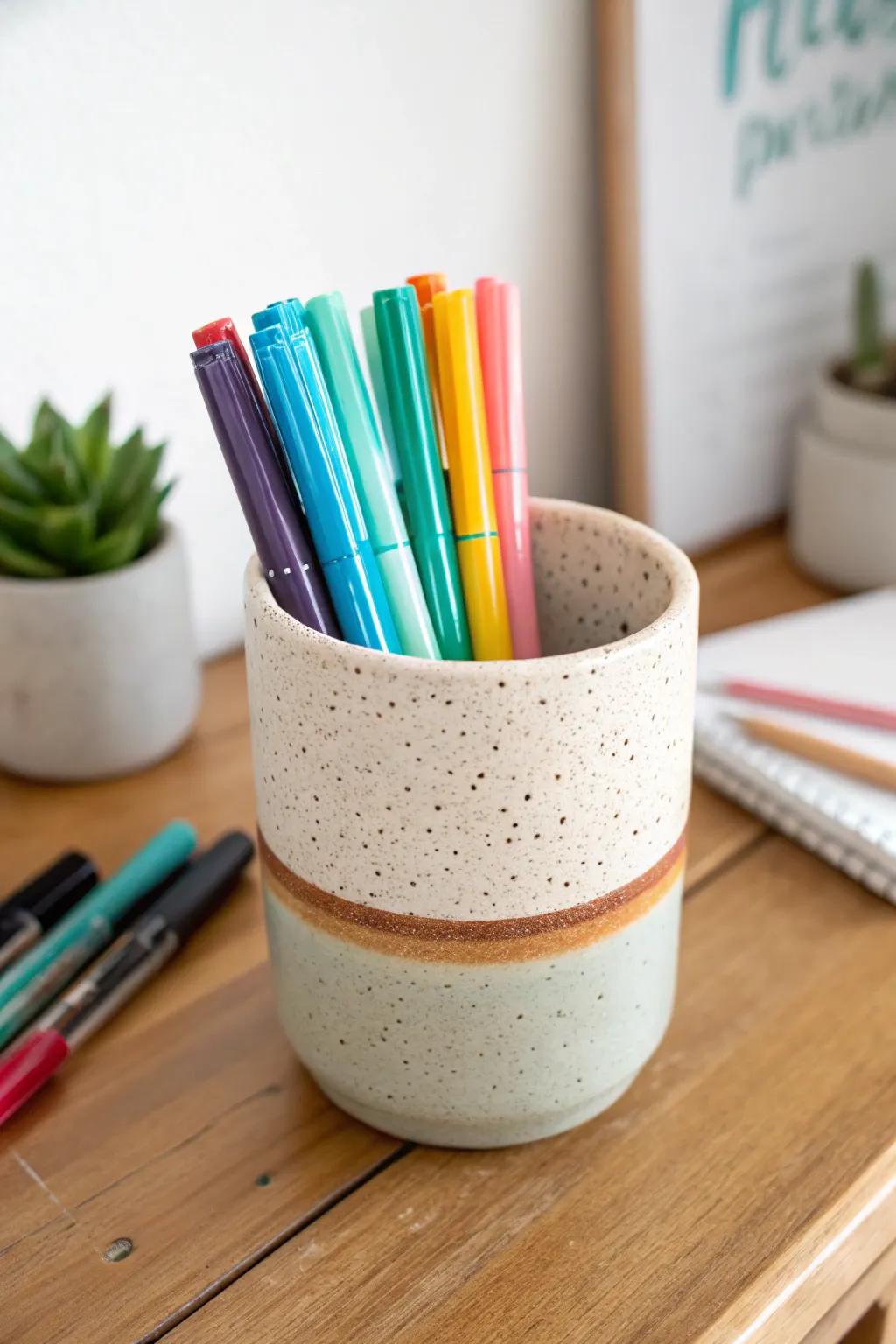 A rainbow gradient of pens in a handcrafted ceramic cup—tidy, chic, and easy to grab.