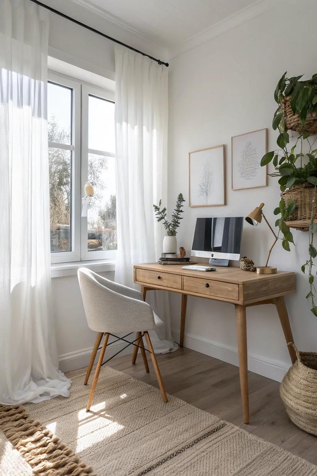 Daylit desk under the window—balanced by a cozy sofa bed across the room for small spaces.