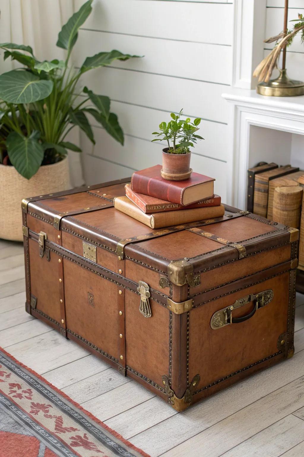 Turn an old trunk into a chic vignette—stack books and add one lush plant on top.