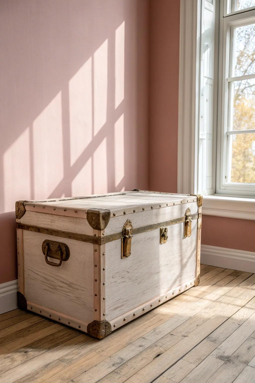 Soft greige on an old trunk—calm, chic storage that blends in without feeling boring.