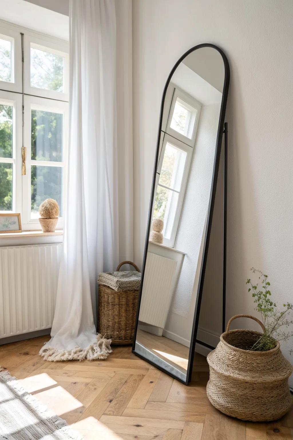 Lean an oversized floor mirror across from a bright window to double light and depth.