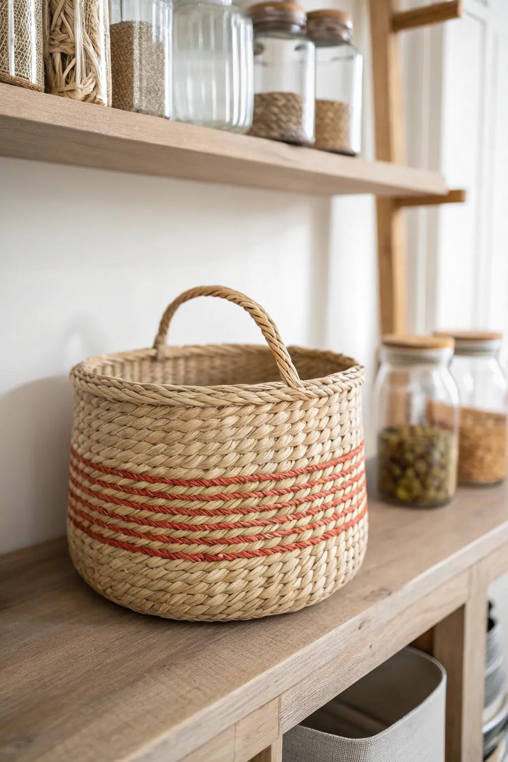 One woven basket for a curated open-shelf pantry—and a chic hiding spot for the “ugly” snacks.