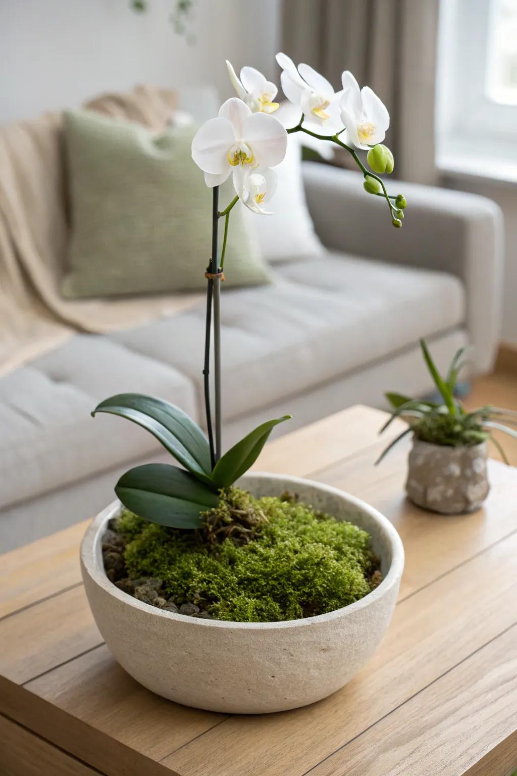 Low bowl + lush sheet moss hides the pot for a clean, designer orchid moment.