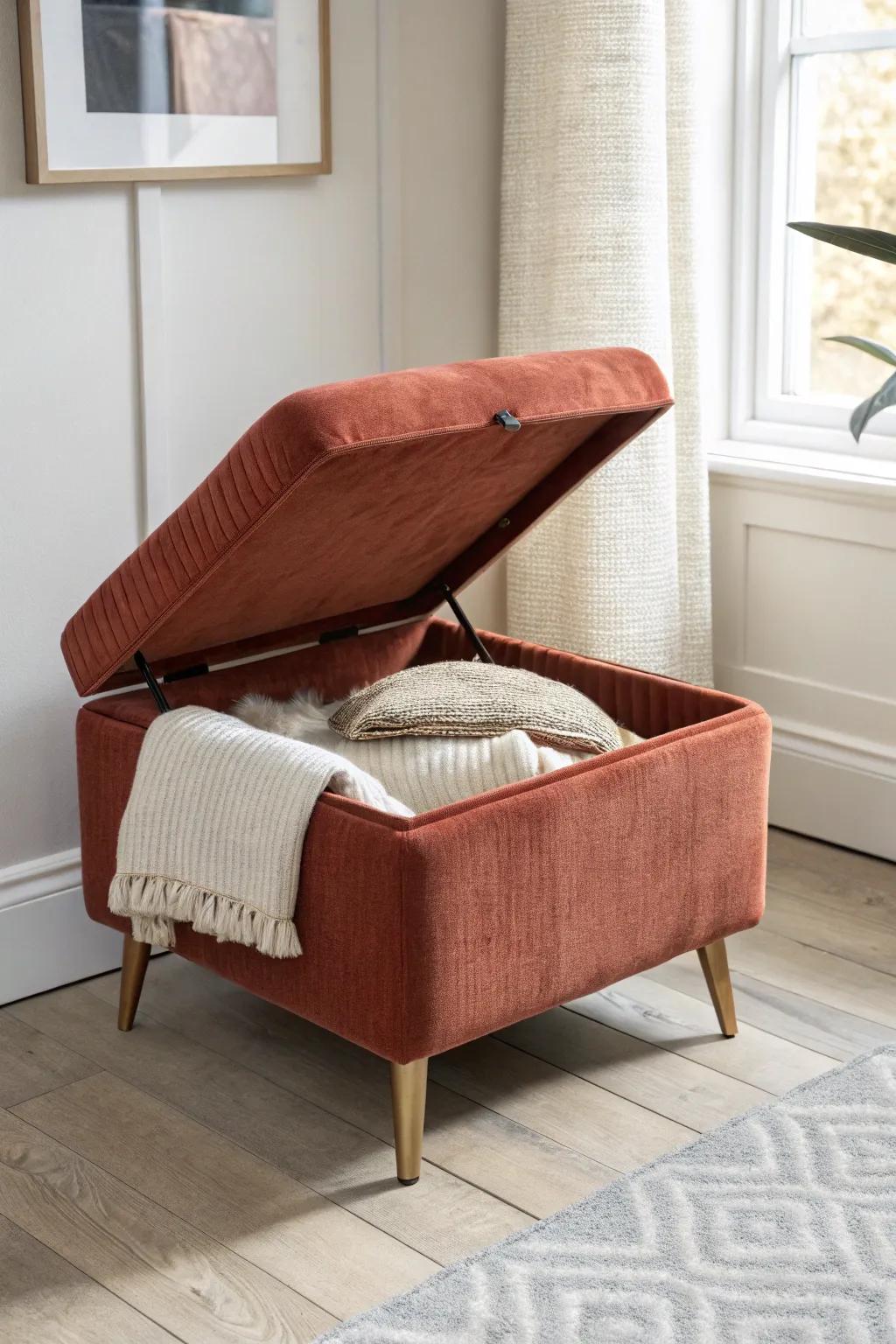 A chic storage ottoman that hides blankets and chargers—instant clutter control for small spaces.