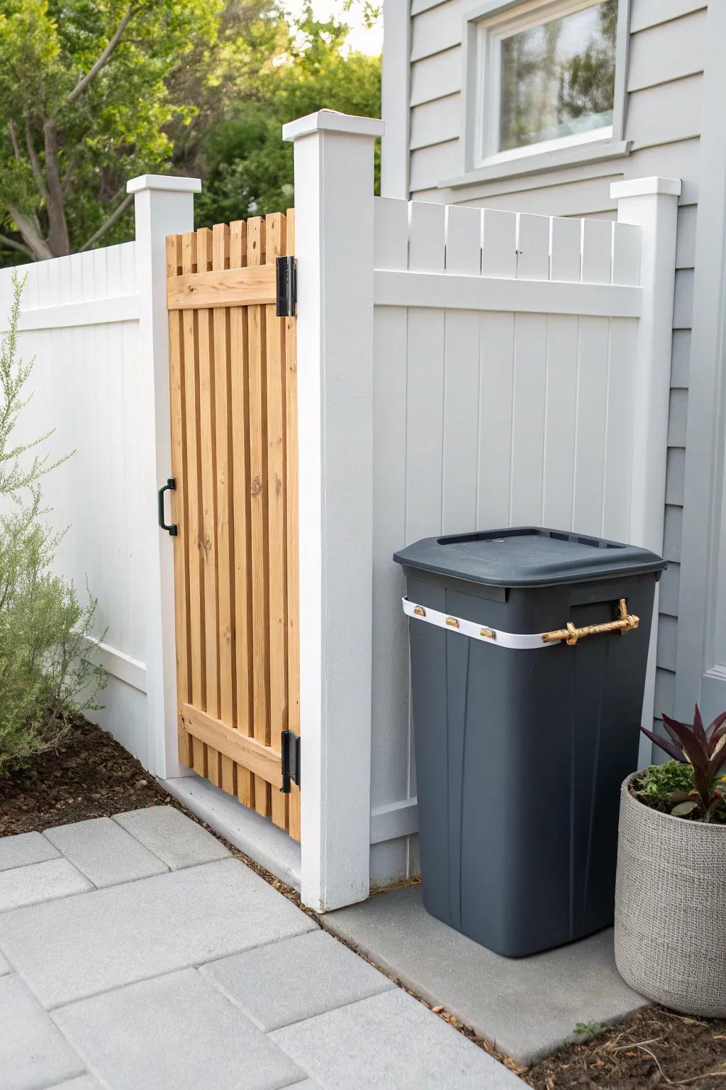 A slim fence-line bin corral with a simple latch—keeps trash cans tidy, aligned, and wind-proof.