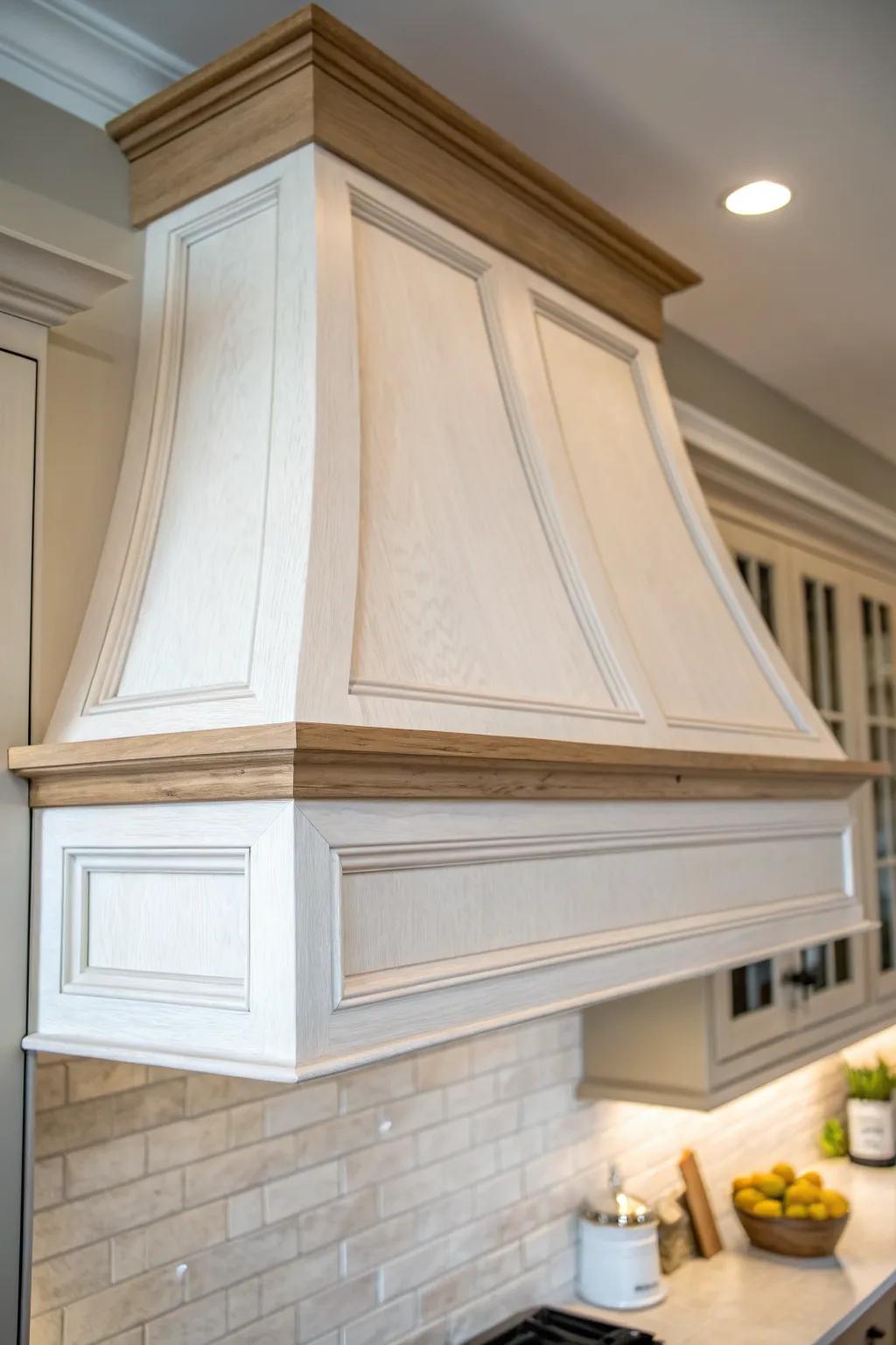 Simple trim transforms a basic hood into a custom, cozy over-the-stove cabinet focal point.