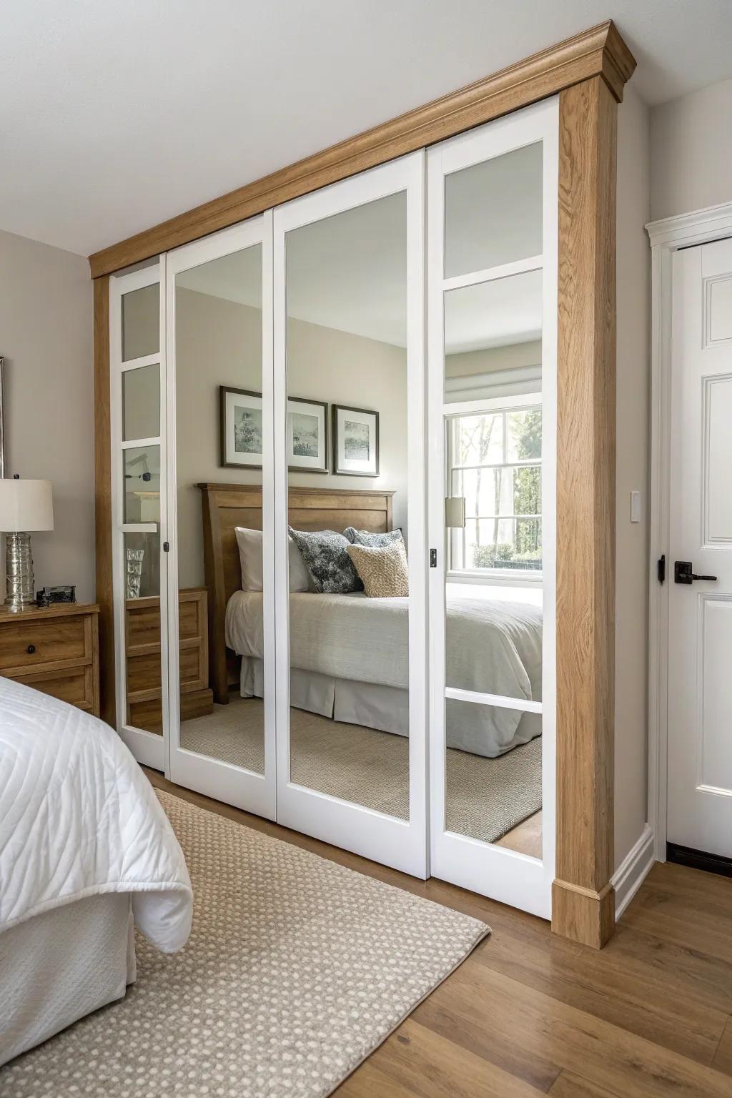 Shaker-style overlay instantly makes mirrored closet doors feel cozy, built-in, and finished.