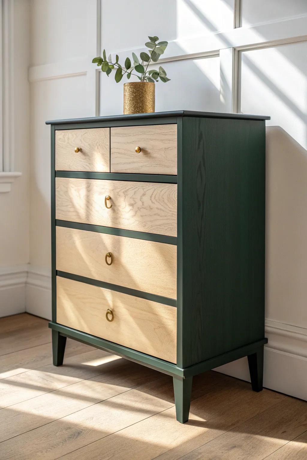 Two-tone painted dresser: deep frame + light drawer fronts for an instant custom look.