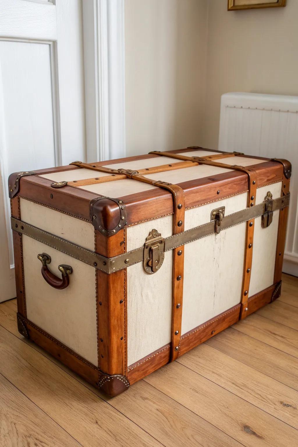 Two-tone painted trunk with natural straps—simple, bold contrast that feels made for small spaces.