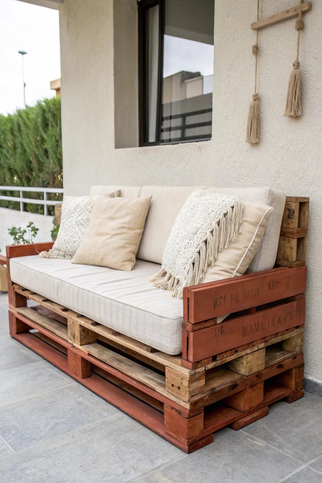 A space-saving two-seater pallet loveseat with bold terracotta charm for narrow patios.