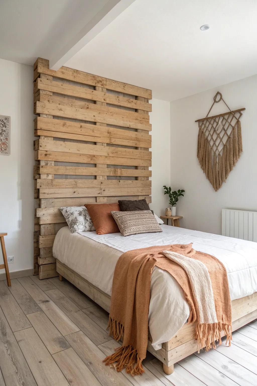 Tall pallet headboard stacked high to lift the eye and make a small bedroom feel upscale.