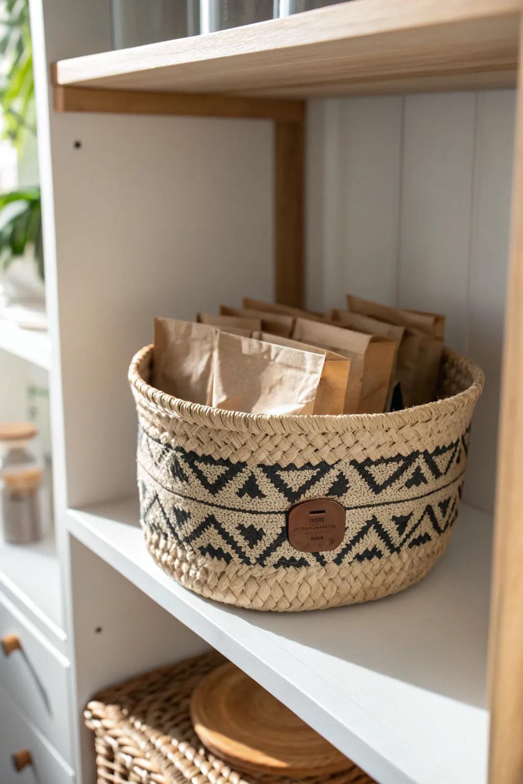 A woven basket adds cozy texture while hiding snack clutter on open pantry shelves.